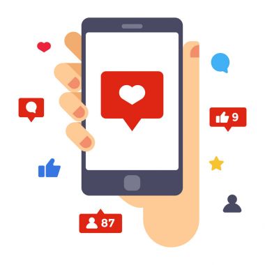 Kalp smartphone ekranında. Elini tut smartphone. Yaratıcı düz tasarım vektör çizim