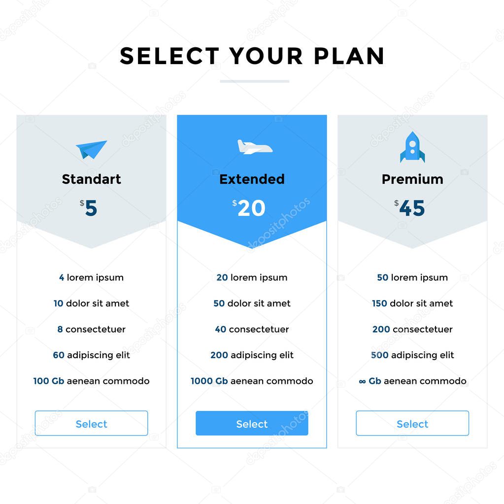 Web pricing table design with icons.Vector illustration.