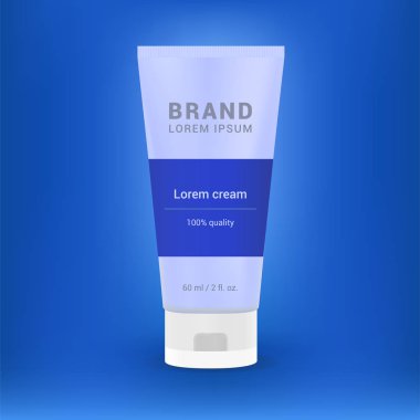 Kozmetik ürün reklam tasarım. Mavi zemin üzerine beyaz tüp şablon vektör çizim