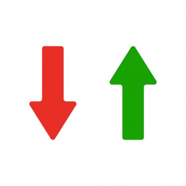 Kırmızı ve yeşil okları simge. Beyaz arka plan üzerinde izole vektör çizim. Yukarı ve aşağı hareket semboller