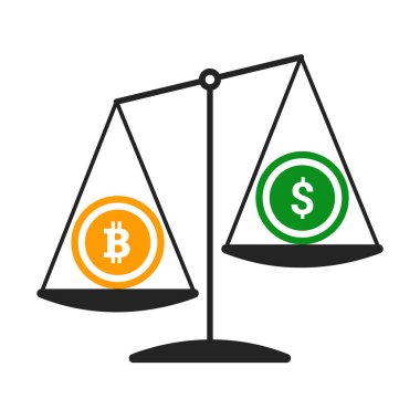 Bitcoin vs Doları vektör kavramı ile denge ölçekler. Beyaz arka plan üzerinde izole düz tasarım vektör çizim.