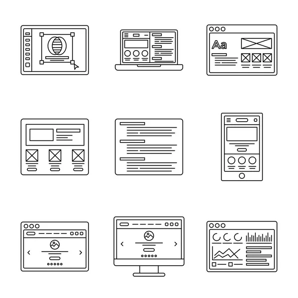 Vývoj webových aplikací a wireframes lemují ikony nastavit. Kolekce z osnovy ilustrace pro web nebo logo šablonu návrhu — Stockový vektor