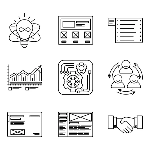 Tenké čáry ikony nastavit proces vývoje, nástroje pro vytváření a propagace produktu, sítě webové stránky, optimalizace týmová práce. Moderní infografika osnovy vektorová design, logo pojmu piktogram. Kolekce — Stockový vektor