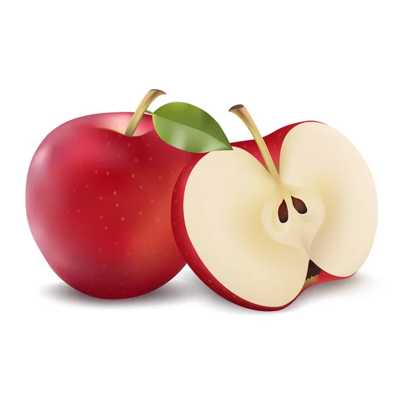 Roter Apfel mit grünem Blatt und Apfelscheibe. Vektor realistische Illustration. frisches isoliertes Obst — Stockvektor