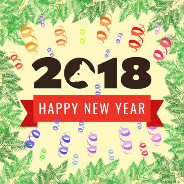 Mutlu yeni yıl 2018 tebrik kartı. Köpek yılı. Logo işareti metin ve kırmızı kurdele ile. Vektör çizim.