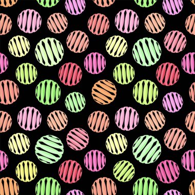 Vektör siyah arka plan üzerine geometrik seamless modeli. Soyut renkli daireler figürü ile çizgiler içinde yinelenen.