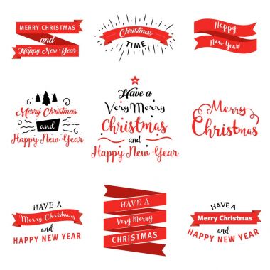 Mutlu Noeller ve mutlu yeni yıl rozetleri ve afiş düz tasarım tarzında büyük kümesi. Vektör resim koleksiyonu