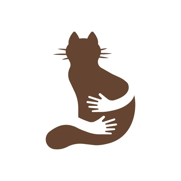 Silhouette ikon katt och händer kram. Människors och djurs vänskap — Stock vektor