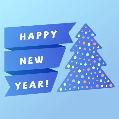 Tatil arka plan mavi bir Noel ağacı ve mutlu yeni yıl şerit ile. Vektör çizim