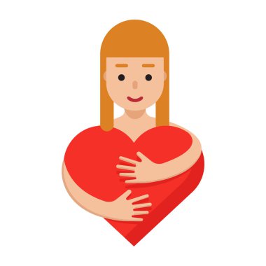 Kadın kırmızı kalp sarılma. Romantik renkli karakter düz vektör çizim. Kız ve kalp