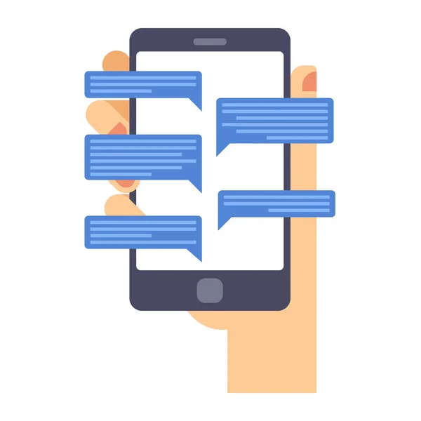 Mão detém telefone inteligente com aplicativo messenger. Mensagens de mensagens de texto ilustração plana via messenger usando smartphone — Vetor de Stock