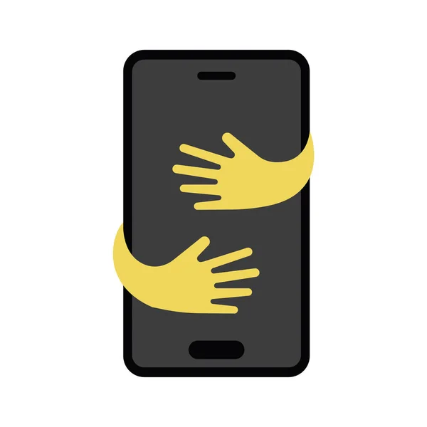 Desenhos animados telefone móvel com abraço mãos plana vetor ilustração — Vetor de Stock