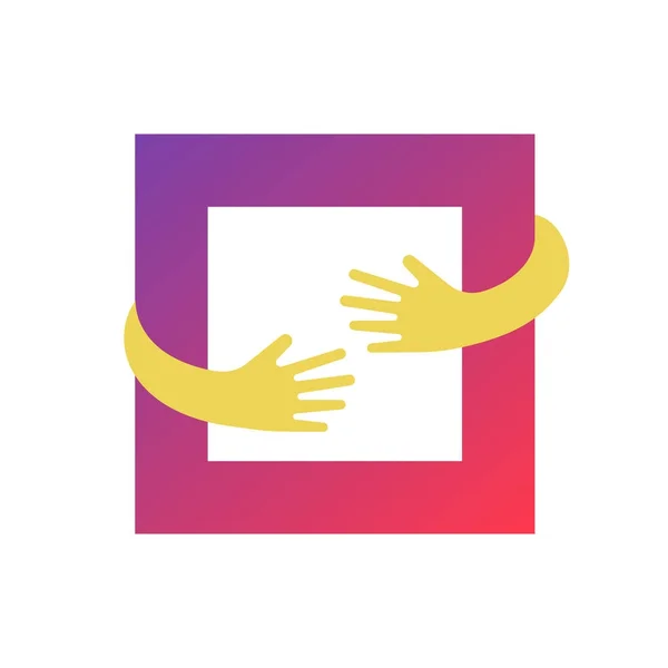 Vierkante knuffel logo ontwerp afbeelding. Abstracte handen en rechthoek vector logo sjabloon — Stockvector