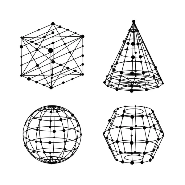 Geometrie Drahtgitterformen gesetzt. Würfel, Pyramide, Ballnetzwerk. Vektor Illustration Design Kugel und Dreieck — Stockvektor