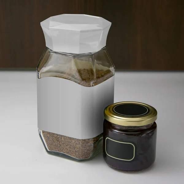 Conjunto de paquete de plantilla. Tarro de vidrio o botella con café y mermelada maqueta — Foto de Stock