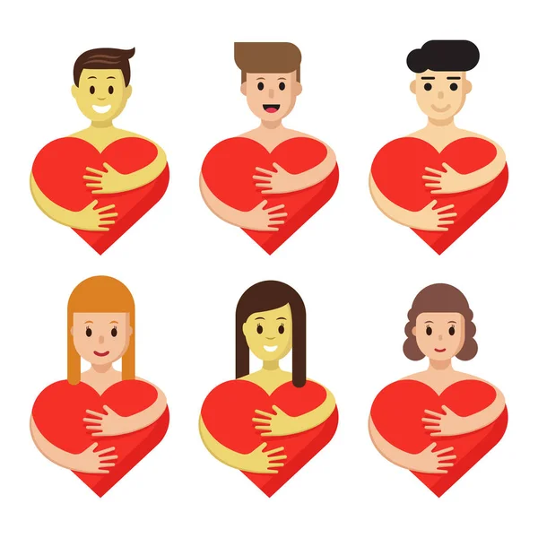 Набор персонажей, обнимающих сердце. Мультфильм люди держат красные символы любви изолированы. Коллекция плоских логотипов — стоковый вектор