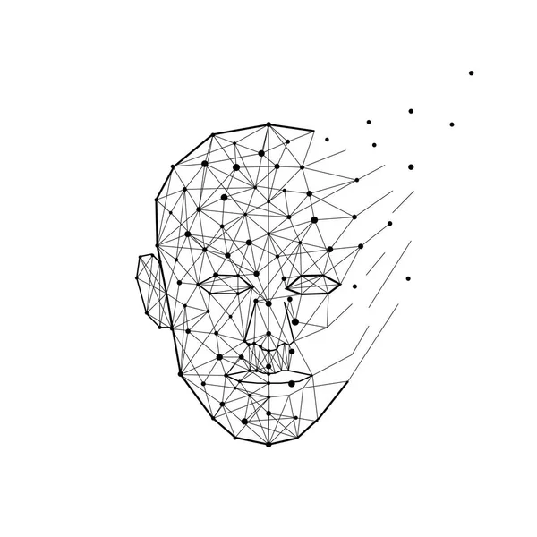 Людська голова багатокутника вибухає і розбивається на лінії і точки. Концепція розумної людини та розуму, Векторні ілюстрації — стоковий вектор