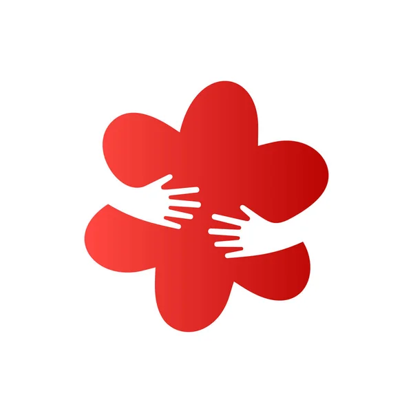 Ανθρώπινα χέρια Αγκαλιάζοντας κόκκινο λουλούδι. Δημιουργική πρότυπο λογότυπο για την επιχείρηση ή την ιατρική. Εικονίδιο απομονωμένες — Διανυσματικό Αρχείο