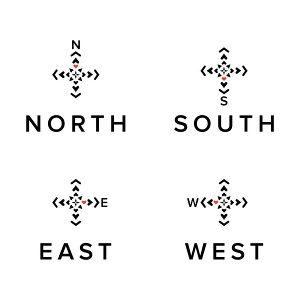 Creative riktning logotyper set. Nord, syd, öst, väst symboler. Svart mall ikoner isolerade — Stock vektor