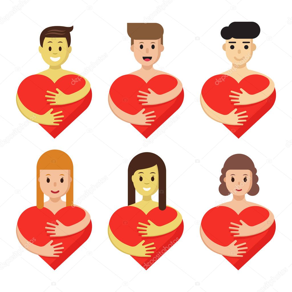 Set of characters hugging heart. Cartoon people hold red love symbols isolated. Creative flat logos collection for valentines day, vector illustration. Charity, help concept.
