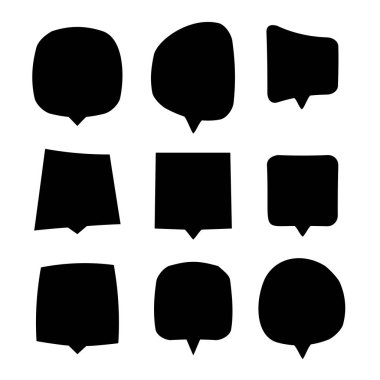 Siyah konuşma seti kabarcıklar. Beyaz arka plan üzerinde izole iletişim veya sohbet bulutlar koleksiyonu.