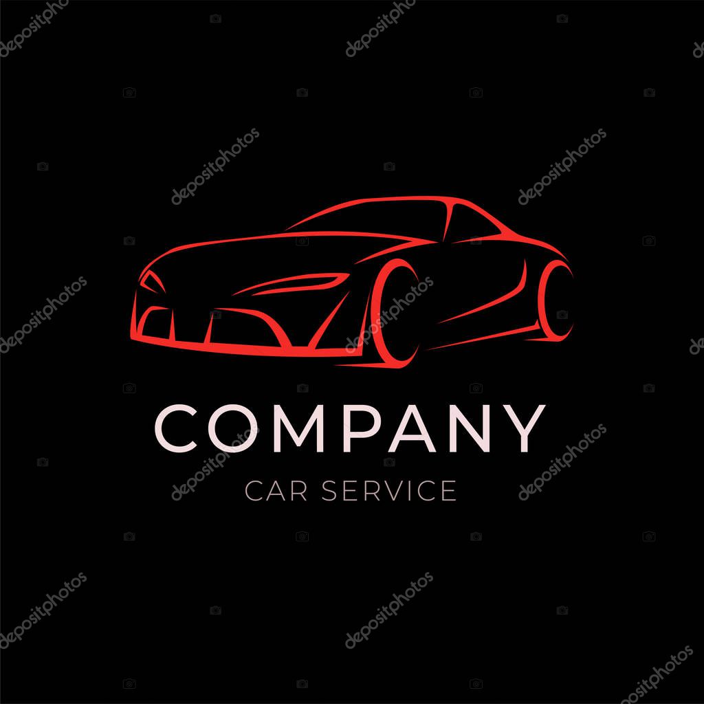 Car service company logo with sport vehicle silhouette on black background. Modern template label of auto dealer. Trendy icon vector illustration.