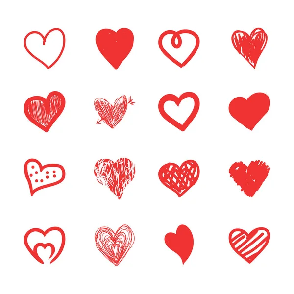 Cœurs dessinés à la main croquis, grunge et gribouillage ensemble. Formes d'amour rouge isolées sur fond blanc . — Image vectorielle