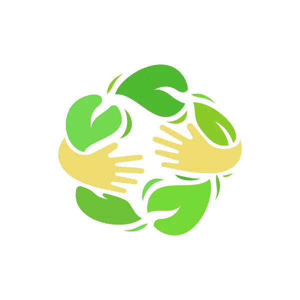 Ecología logo vector. Ilustración de manos humanas abrazar hojas verdes. Emblema de cuidado ecológico de alimentos y medio ambiente . — Vector de stock