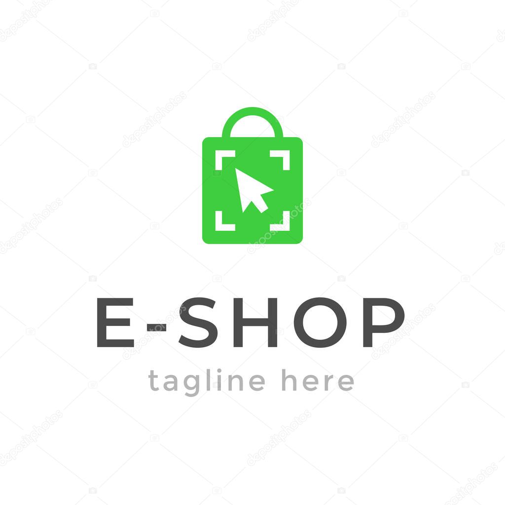 Online shop logo design. Ecommerce, sale, discount or store web element. Company emblem. Vector illustration of bag isolated on white background.