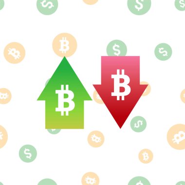 Bitcoin dijital para birimi simgesi ile yukarı ve aşağı okları. Kripto para birimi enflasyon, deflasyon, değerlendirme veya devalüasyon kavramı.