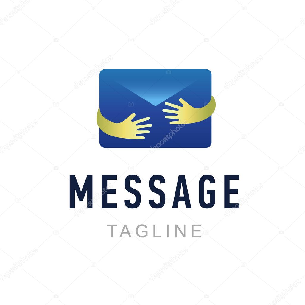 Message logo template. Hand holding envelope. Mail service identity, commercial and app icon symbol. Creative vector illustration.