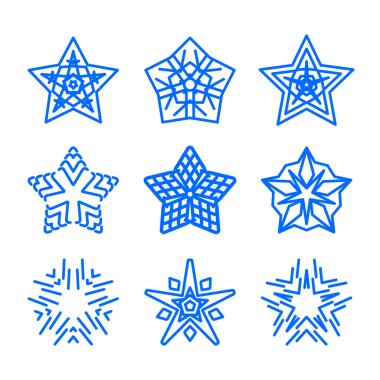 Yıldız logo şablonu ayarlayın. İzole vektör mavi geometrik süs sembolleri. Mavi dekoratif ve yaratıcı iş işaretler toplama.