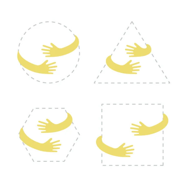 Forme geometriche con abbraccio mano. Logo con abbraccio. Illustrazione vettoriale — Vettoriale Stock