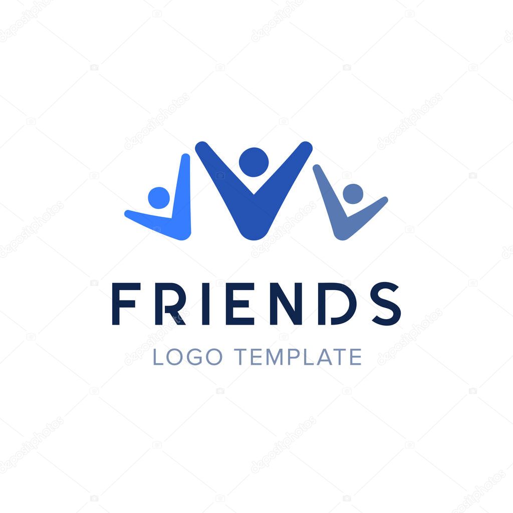 Three people holding hands up logo design. Concept of group of people, happy team, victory. People connecting. Happy friends together, party