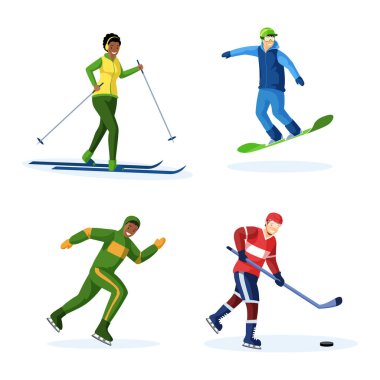 Kış aktiviteleri düz vektör çizimleri ayarlandı. Kadın kayak, erkek kayak, snowboard ve hokey, ekstrem sporlar, eğlenmek. Kayakçı, beyaz üzerine çizgi film karakterleri