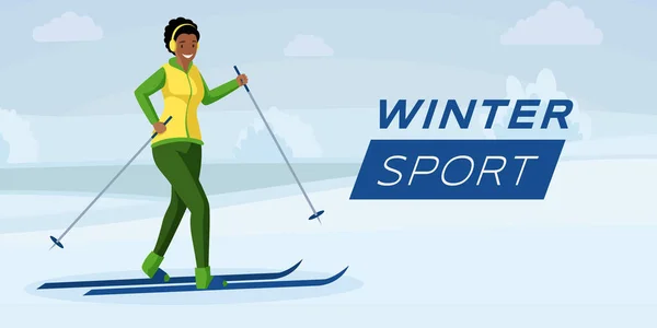 Winter sport flat color banner template. Wintertime activities, ski resort and wintersports advertising illustration. African american woman enjoying extreme sport, young skier cartoon character — Stock Vector