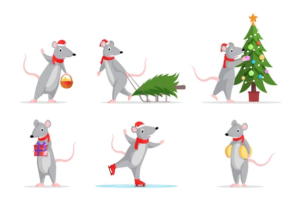 New Year rats color illustrations set. Cute mice skating, decorating fir tree, with gift box icons, sticker collection. Adorable mouse preparing for winter holiday cartoon characters isolated on white — Stock Vector