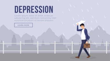 Depresyon iniş sayfası şablonu vektör çizimi. Yağmur yağarken kötü ruh hali içindeki iş adamı karakteri. Kasvetli şehir manzarası, stresli adam, endişe sorunu web sitesi düz tasarım