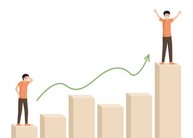 Adam grafik vektör illüstrasyonuna tırmanıyor. Erkek karakter başlangıçta ve kariyer merdiveninin başında. İş adamı motivasyonu, kişisel gelişim, iş stratejisi, başarı