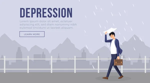 Depresszió kezdőlap sablon vektor illusztráció. Üzletember karakter rossz hangulatban séta közben eső. Szomorú városi táj, stresszes ember, szorongás probléma weboldal lapos tervezés — Stock Vector