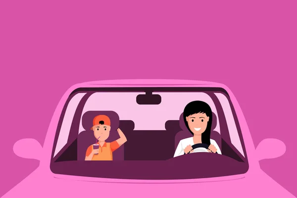 Kobieta prowadzi różowy samochód ilustracji. Matka i syn siedzą na przednich siedzeniach samochodu, rodzinna wycieczka. Młody chłopiec pije napój ze słomką w pojeździe odizolowanym na różowym tle — Wektor stockowy