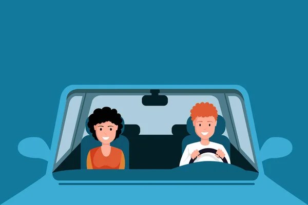 Пара водіння синього автомобіля ілюстрація. Чоловік і жінка персонажі сидять на передніх сидіннях автомобіля, відправляючись у сімейну дорогу. Чоловік і дружина за кермом авто ізольовані на синьому фоні — стоковий вектор