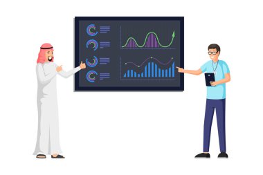 Arap işadamı sunum illüstrasyonu yapıyor. Renkli çizelgeler, diyagramlar, bilgi ve istatistik içeren iş raporları. İş analizleri ve strateji kavramı
