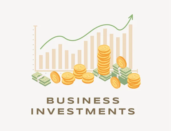 Business investment, rising graph illustration. Growing bar graph and arrow, increasing income, successful business strategy, earning money. RIO concept financial analysis and cooperation — 스톡 벡터