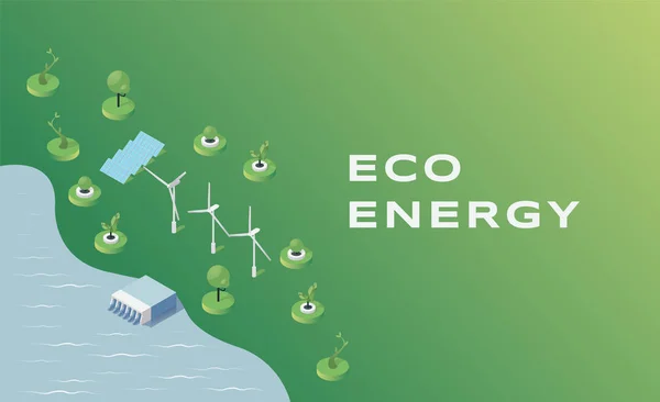 Modelo vetorial de banner plano de energia ecológica. Fontes de energia naturais e renováveis usam ideia, conceito de cartaz da indústria de energia sustentável. Represa de água, turbinas eólicas e painéis solares ilustração isométrica —  Vetores de Stock