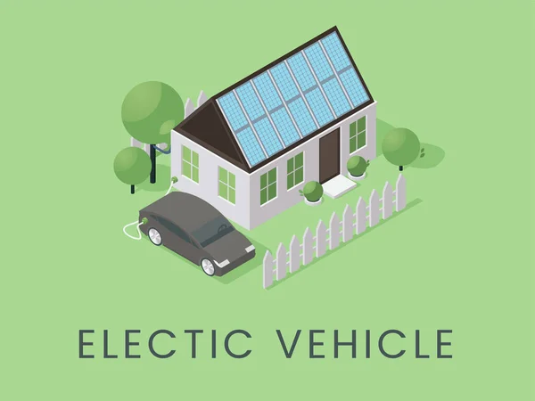 Plantilla de vector de banner plano de vehículo eléctrico. Concepto de cartel de transporte ecológico y seguro para el medio ambiente. Casa con baterías solares y estación de carga de coches ilustración isométrica — Archivo Imágenes Vectoriales