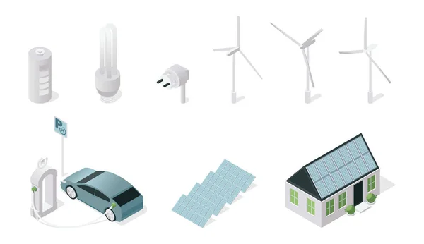 Símbolos de tecnología sostenible conjunto de ilustraciones isométricas. Fuentes de energía renovables y tecnología aisladas sobre fondo blanco. Baterías solares, turbinas eólicas, coche eléctrico y lámpara de ahorro de energía — Archivo Imágenes Vectoriales