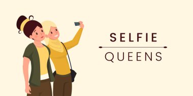 Selfie Queens düz vektör pankartı şablonu. Genç kızlar, iş arkadaşları akıllı telefon çizgi film karakterleriyle fotoğraf çekiyor. Popüler gençlik hobisi, kadın arkadaşlar, poster tasarımını fotoğraflayan turistler.