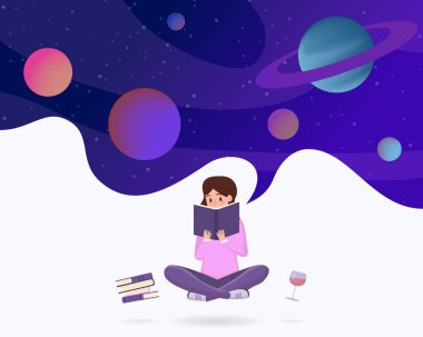 Metafor vektör illüstrasyonuna dalmış. Lotus 'taki genç kız bilim kurgu edebiyatının, fantezi roman karakterinin tadını çıkarıyor. Uzay keşfi ders kitapları okuyan kız öğrenci