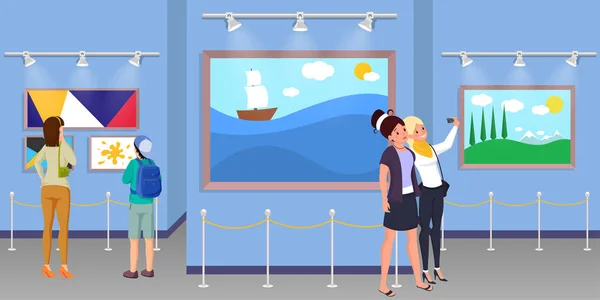 Girls visiting museum vector illustration. Young women taking selfie in art gallery cartoon characters. Mother and child enjoying modernist paintings, tourists at excursion, cultural pastime idea — 스톡 벡터